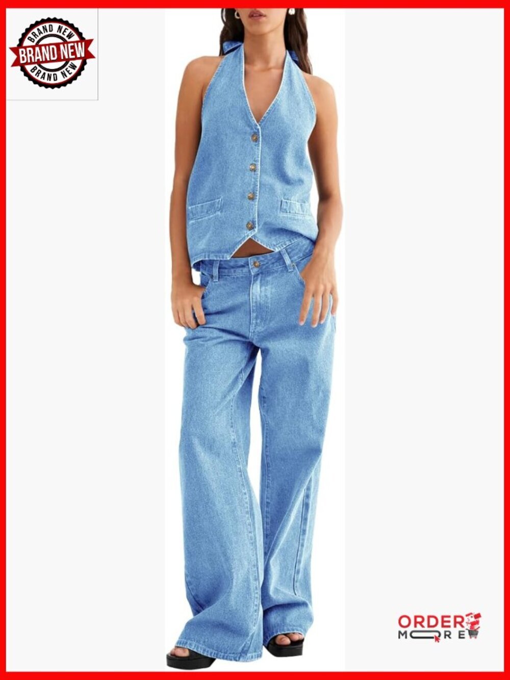 Women's Two Piece Denim Set - Button Down Tank & Wide Leg Jeans